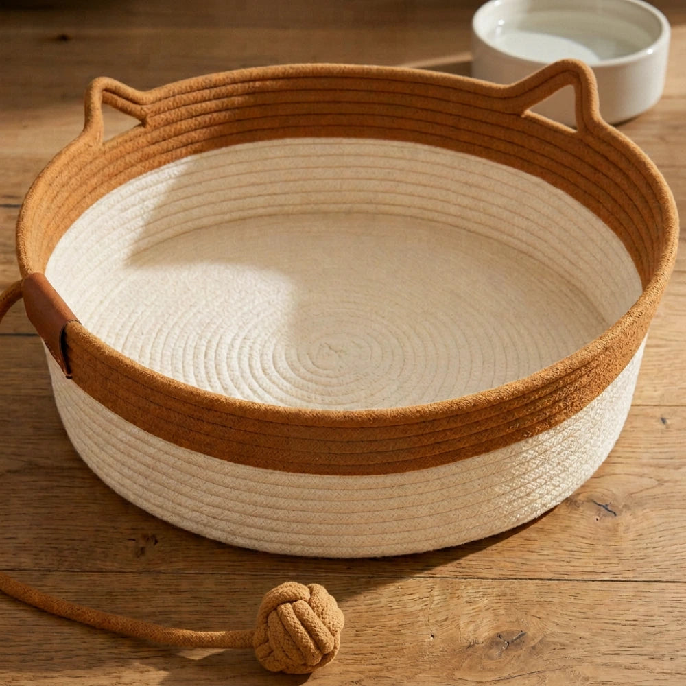 Cesta Nidora marrón de cuerda natural tejida a mano con su pelota de juego