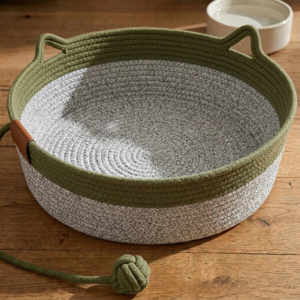 Cesta Nidora verde de cuerda natural tejida a mano con su pelota de juego
